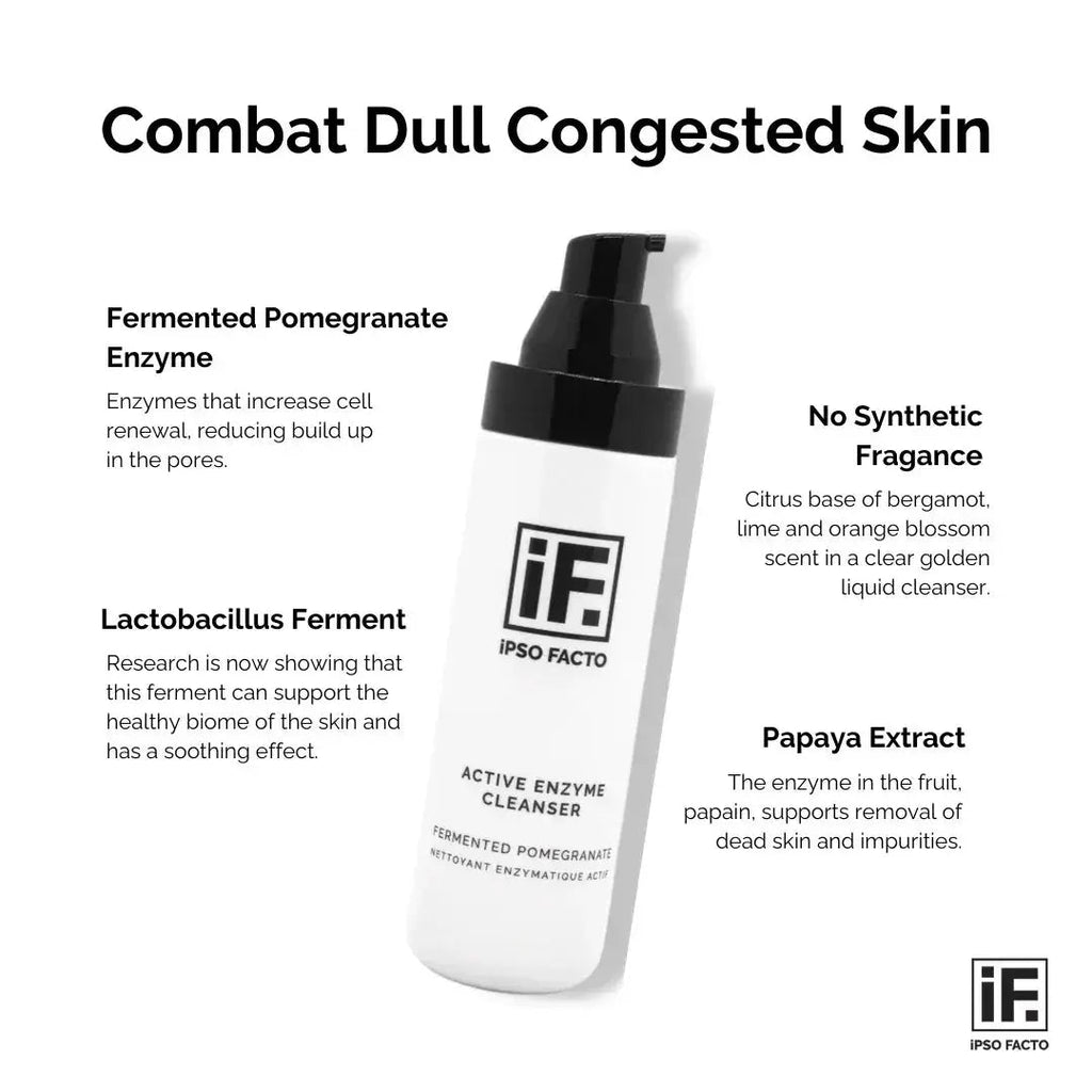 Active enzyme cleanser bottle with black pump, featuring key ingredients like fermented pomegranate, papaya extract, and lactobacillus ferment, skincare product for dull congested skin.