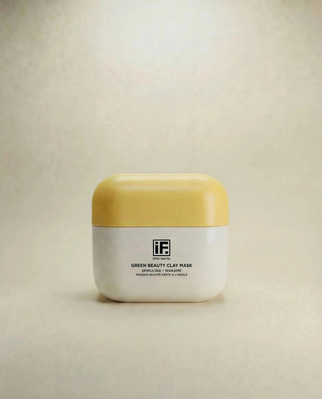 Green Beauty Clay Mask jar with yellow lid, minimalist background, skincare product