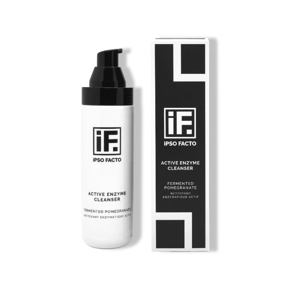 Active enzyme cleanser bottle and box with fermented pomegranate, black and white packaging