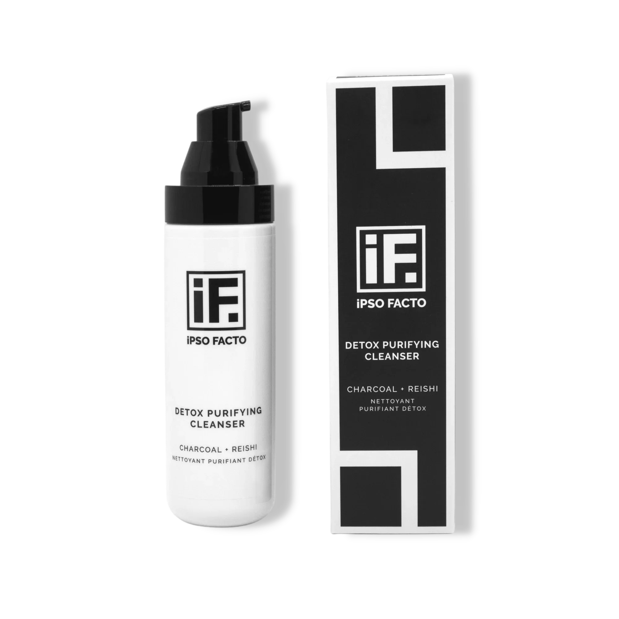 Detox Purifying Cleanser bottle and carton with charcoal and reishi, minimalist packaging