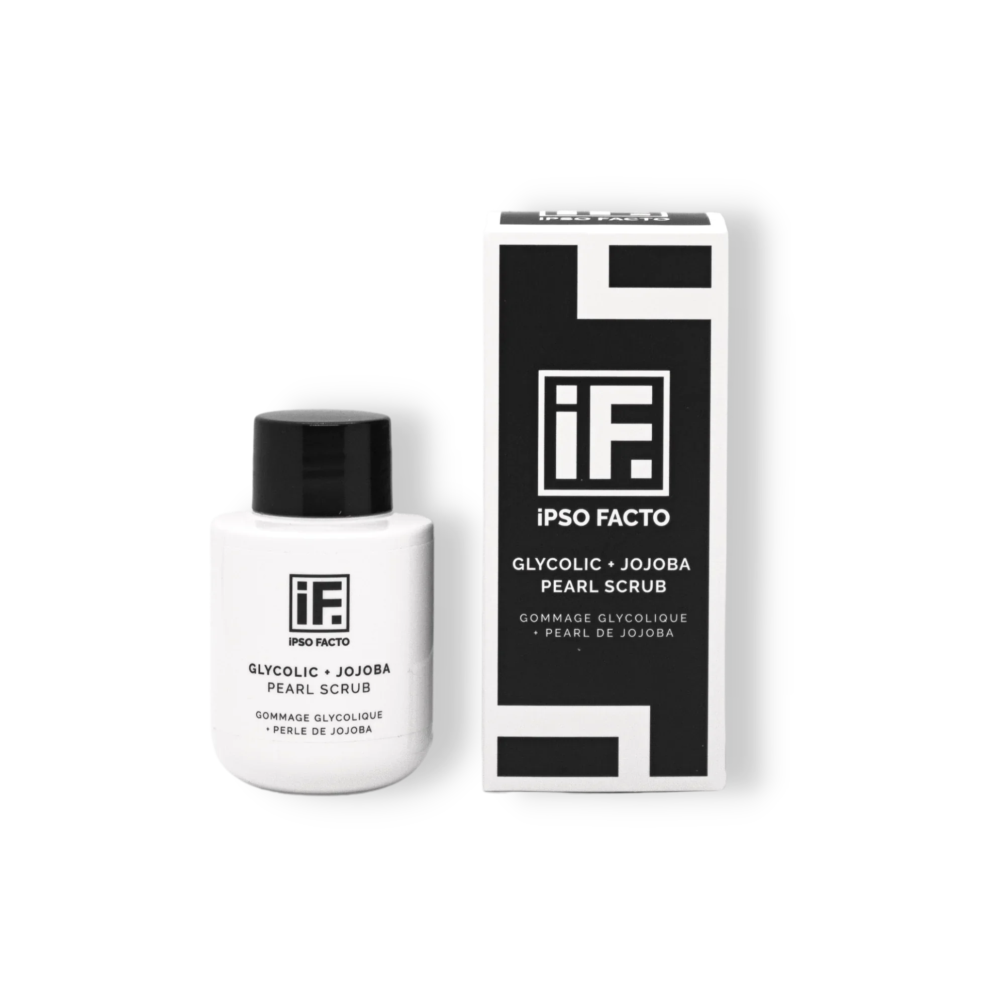 Glycolic Jojoba Pearl Scrub exfoliator with white bottle and black box packaging