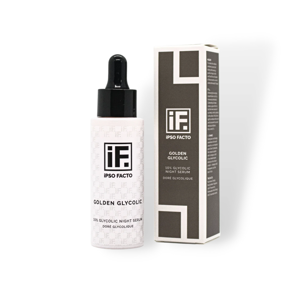 Golden Glycolic 10% glycolic night serum with dropper bottle and product packaging