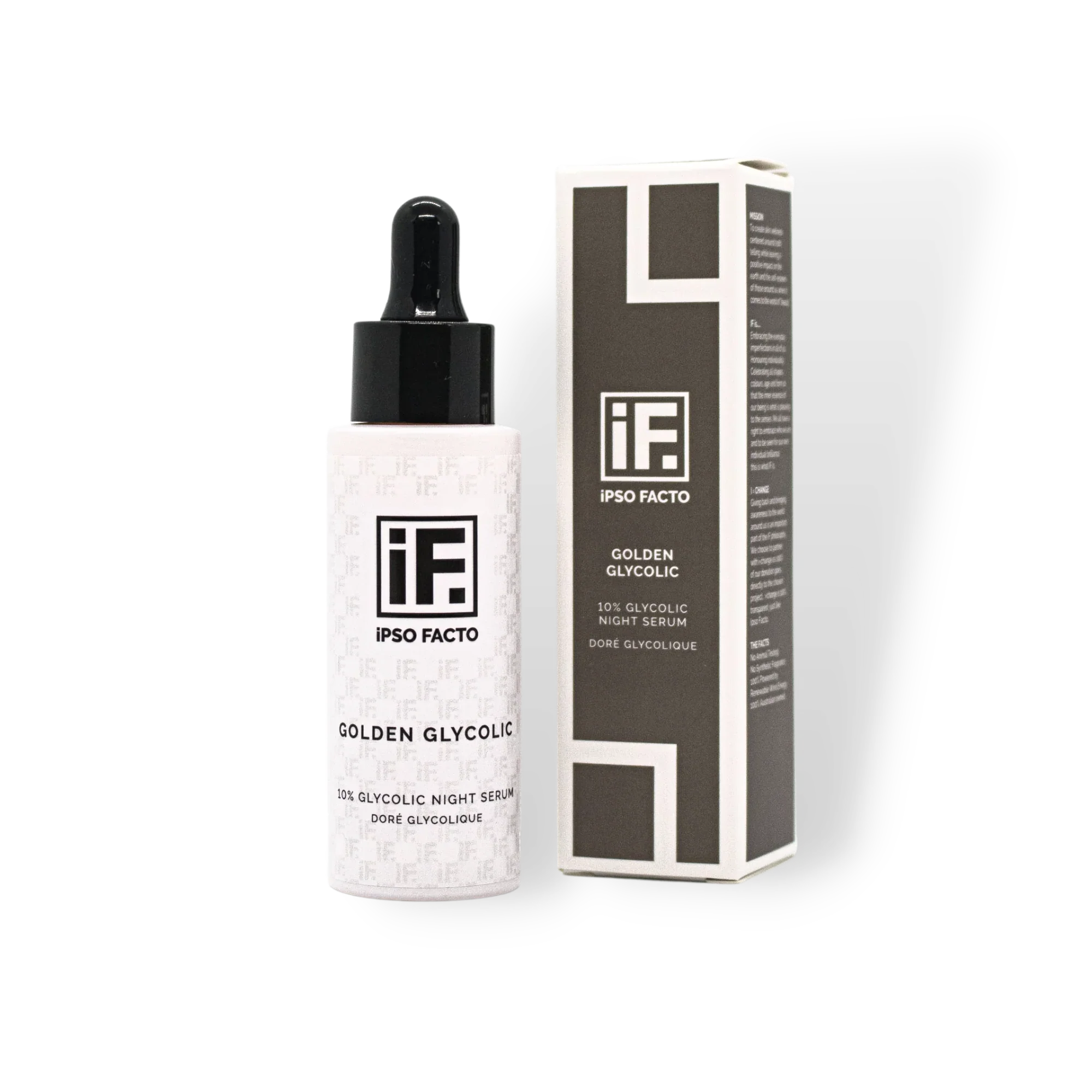Golden Glycolic 10% glycolic night serum with dropper bottle and product packaging