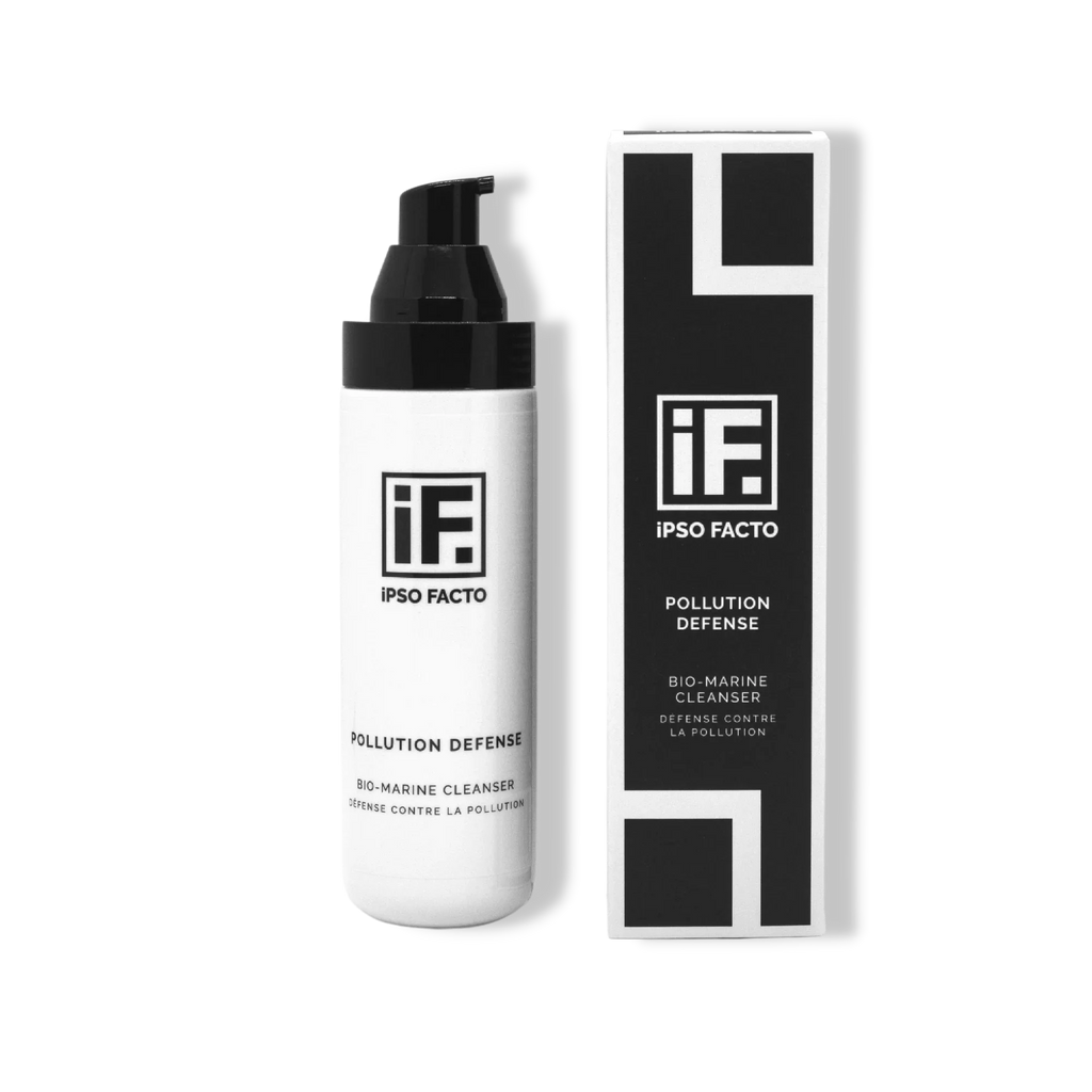 Bio-marine cleanser bottle and carton labeled Pollution Defense on black background