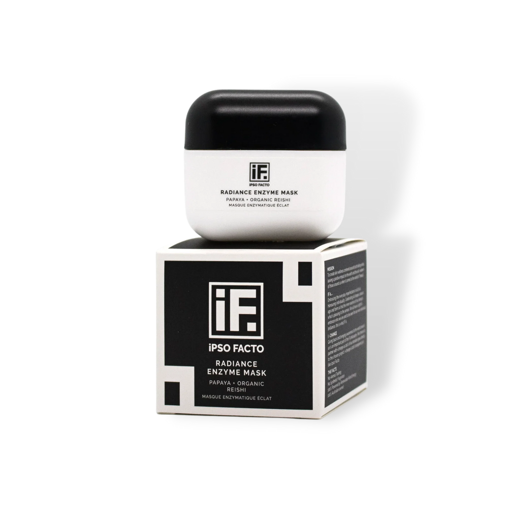 Radiance Enzyme Mask with papaya and organic reishi in black and white jar on product box