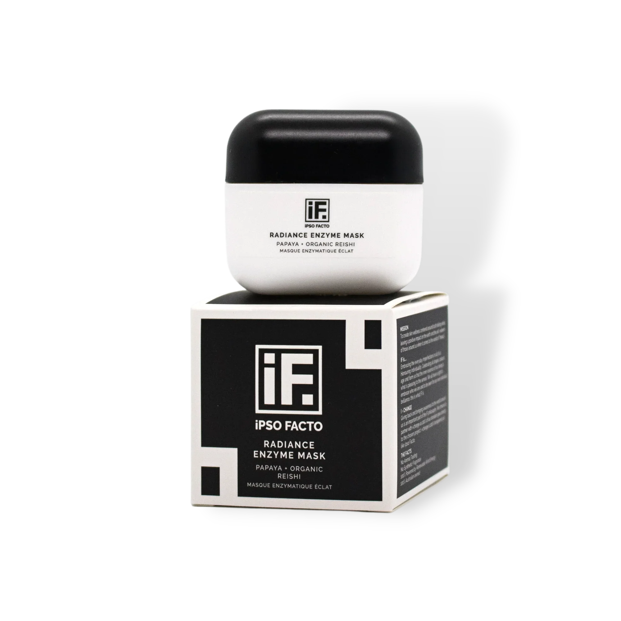 Radiance Enzyme Mask with papaya and organic reishi in black and white jar on product box