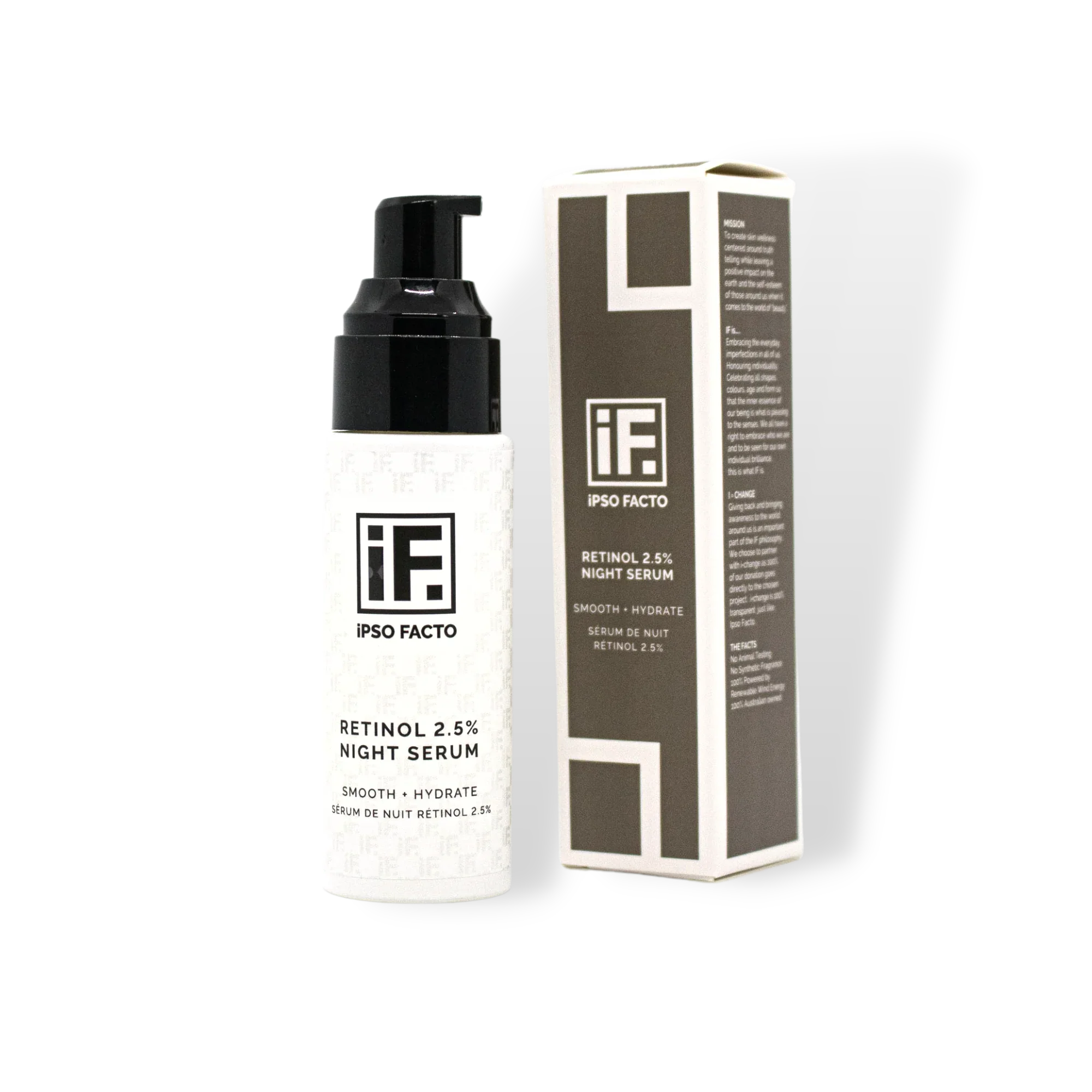Retinol 2.5% night serum bottle and packaging for smooth, hydrating skincare
