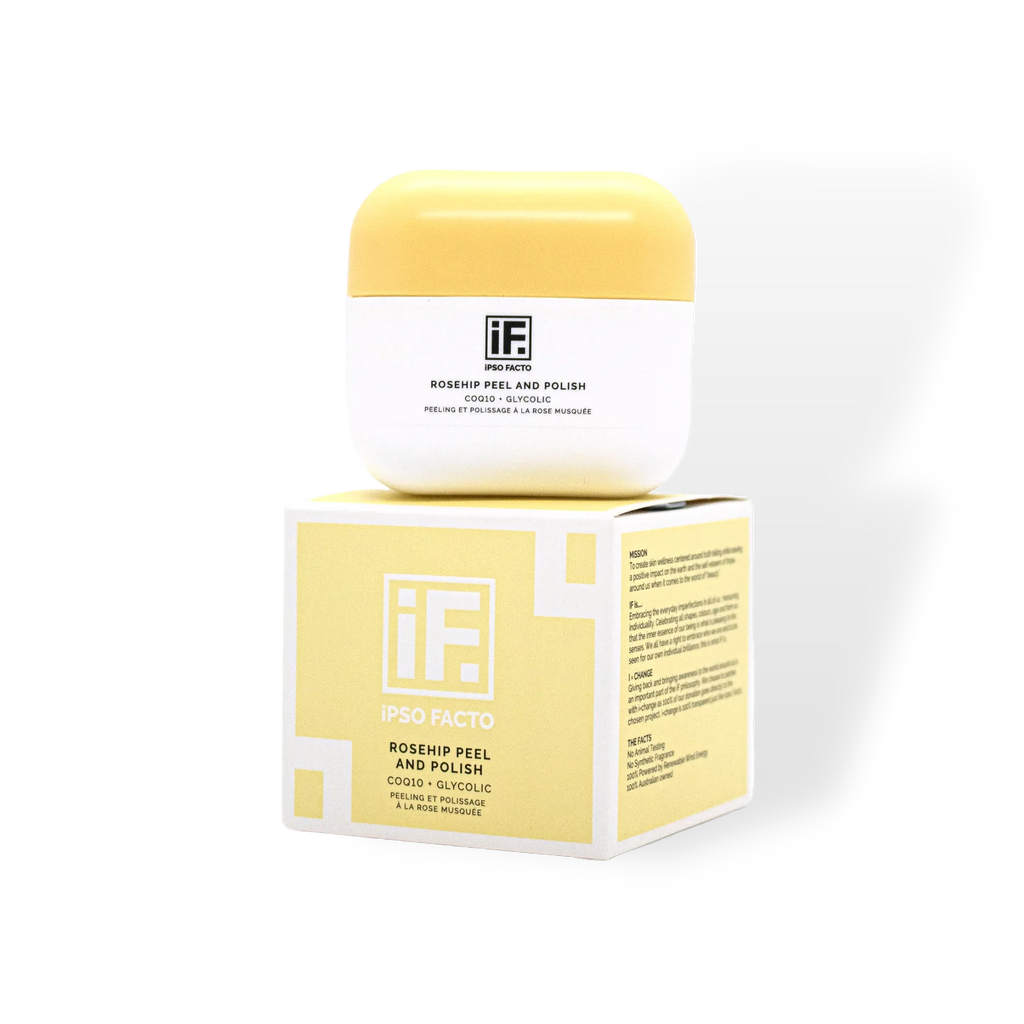 Rosehip Peel and Polish skincare jar and yellow box with product label on black background