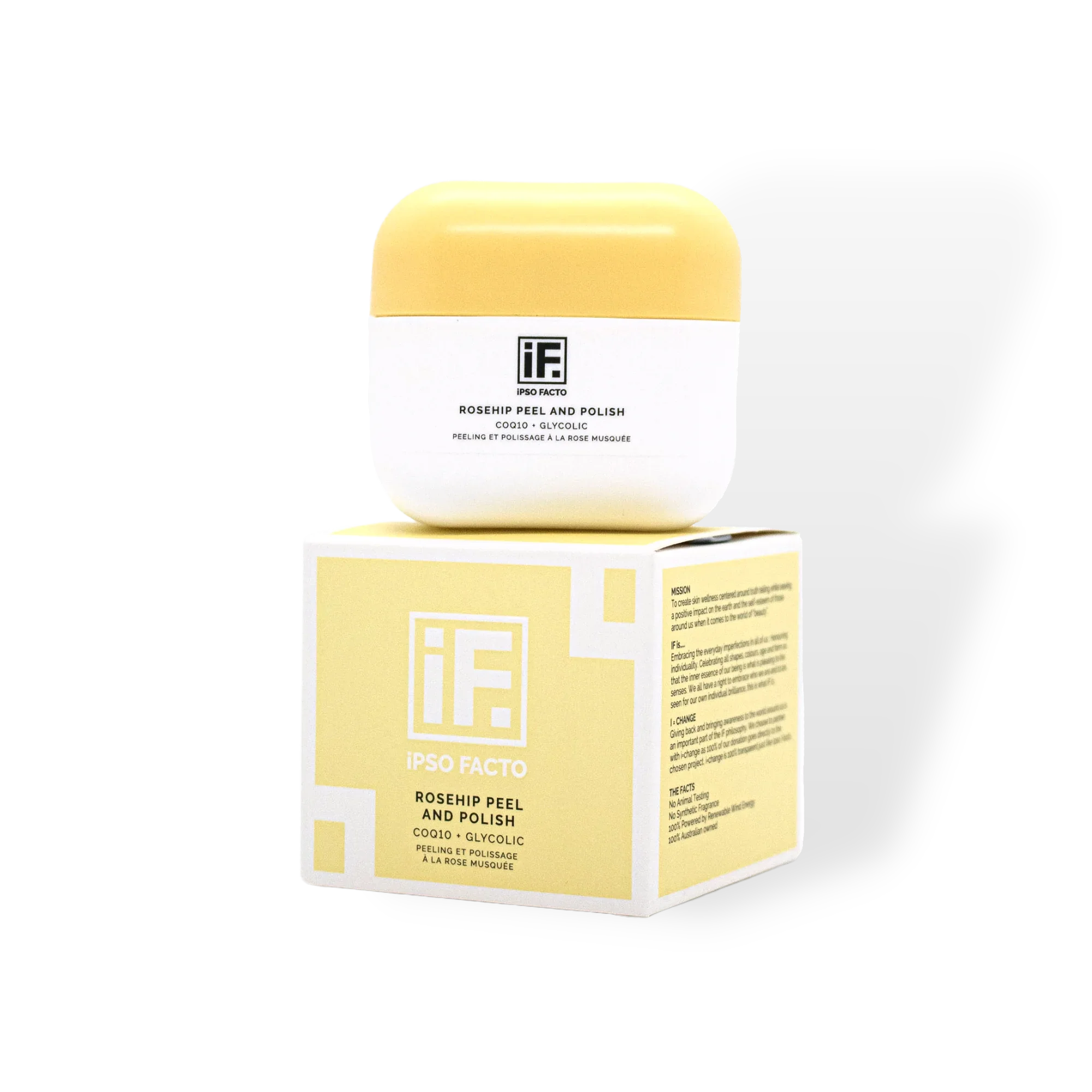 Rosehip Peel and Polish skincare jar and yellow box with product label on black background