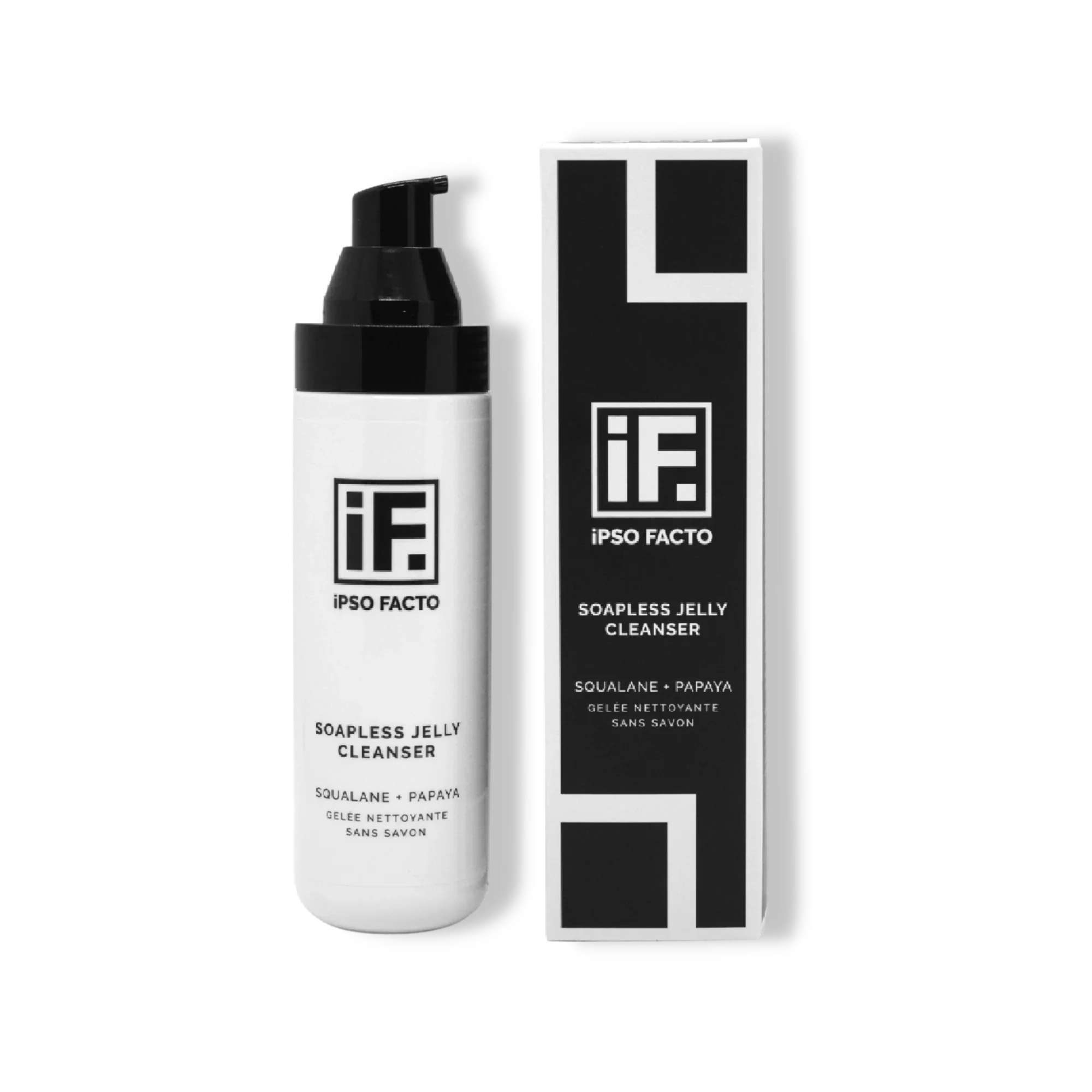 Soapless jelly cleanser with squalane and papaya in pump bottle and carton box, minimalist design