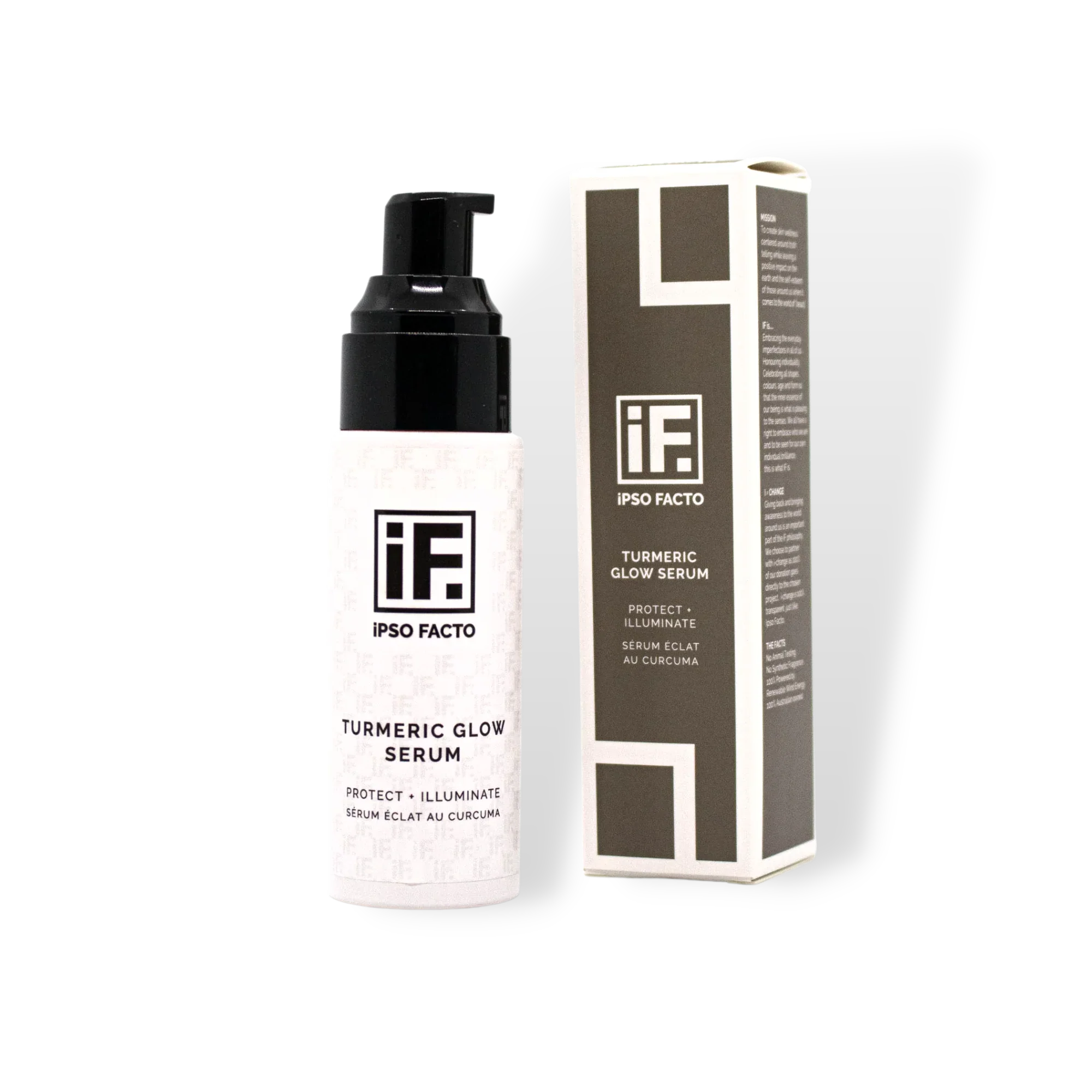 Turmeric Glow Serum bottle with carton, skincare product for illuminating and protecting skin