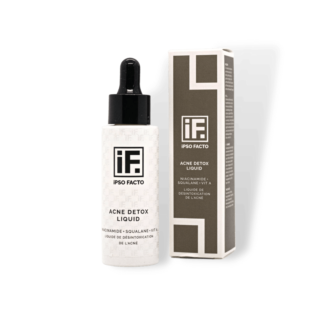 Acne Detox Liquid serum bottle and box with niacinamide, squalane, and vitamin A on black background.
