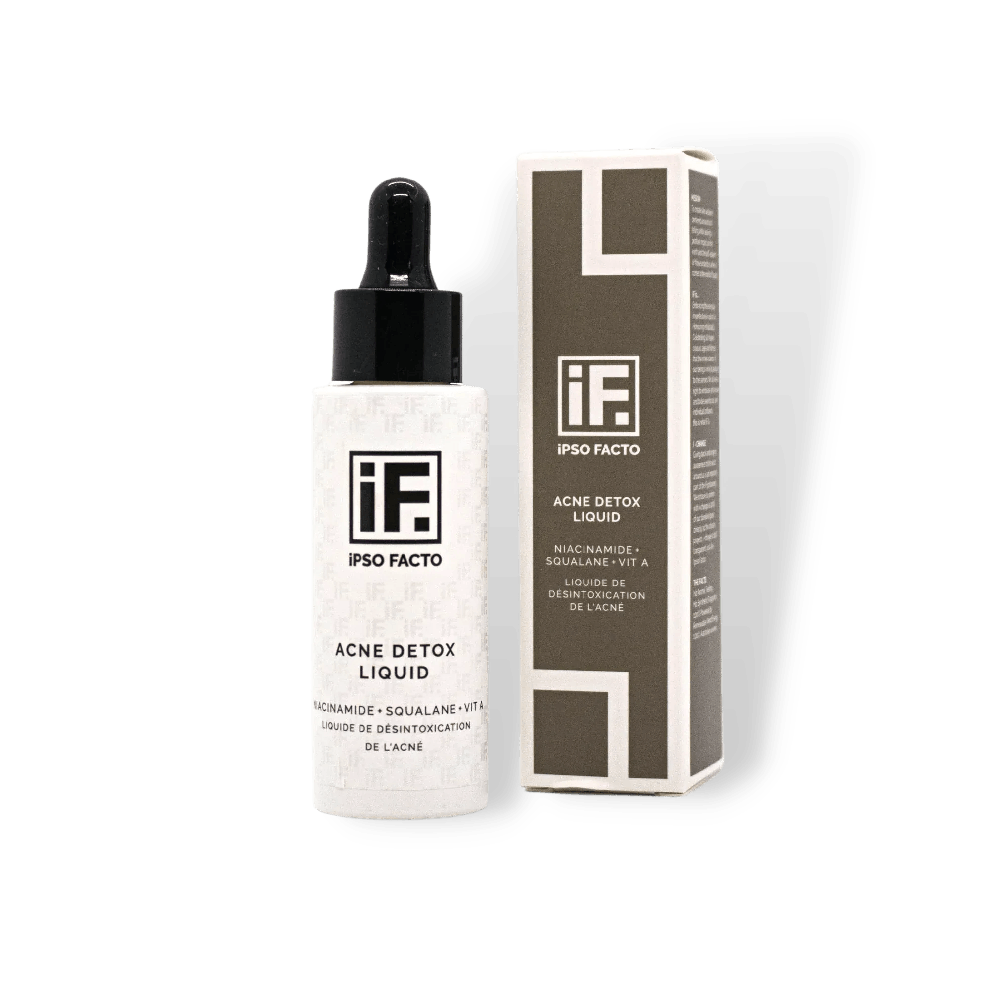 Acne Detox Liquid serum bottle and box with niacinamide, squalane, and vitamin A on black background.