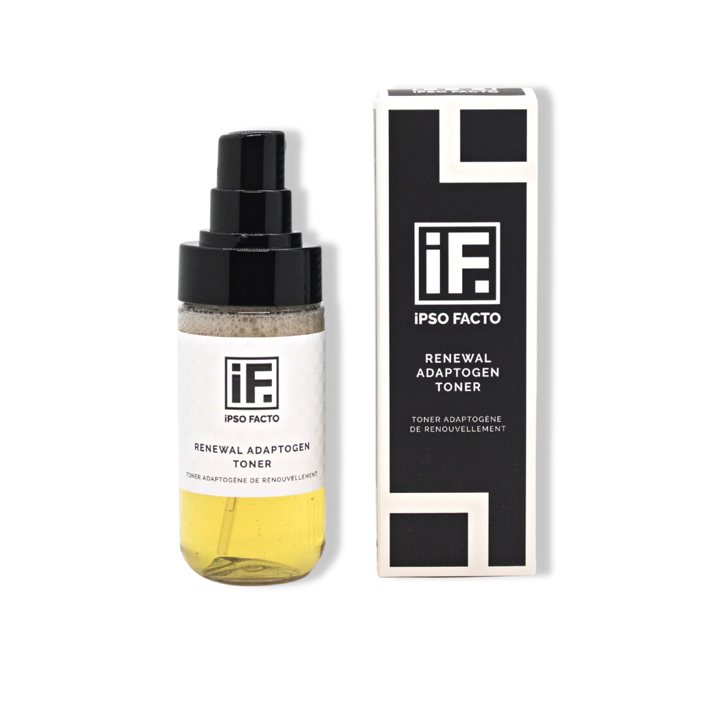 Ipso Facto Renewal Adaptogen Toner bottle with pump and box, skincare product duo