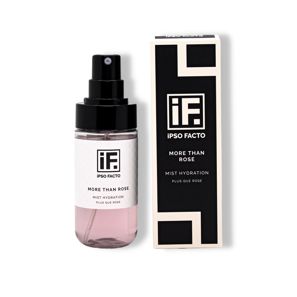 Facial mist spray bottle and box labeled 'More Than Rose Mist Hydration' with minimalist design.