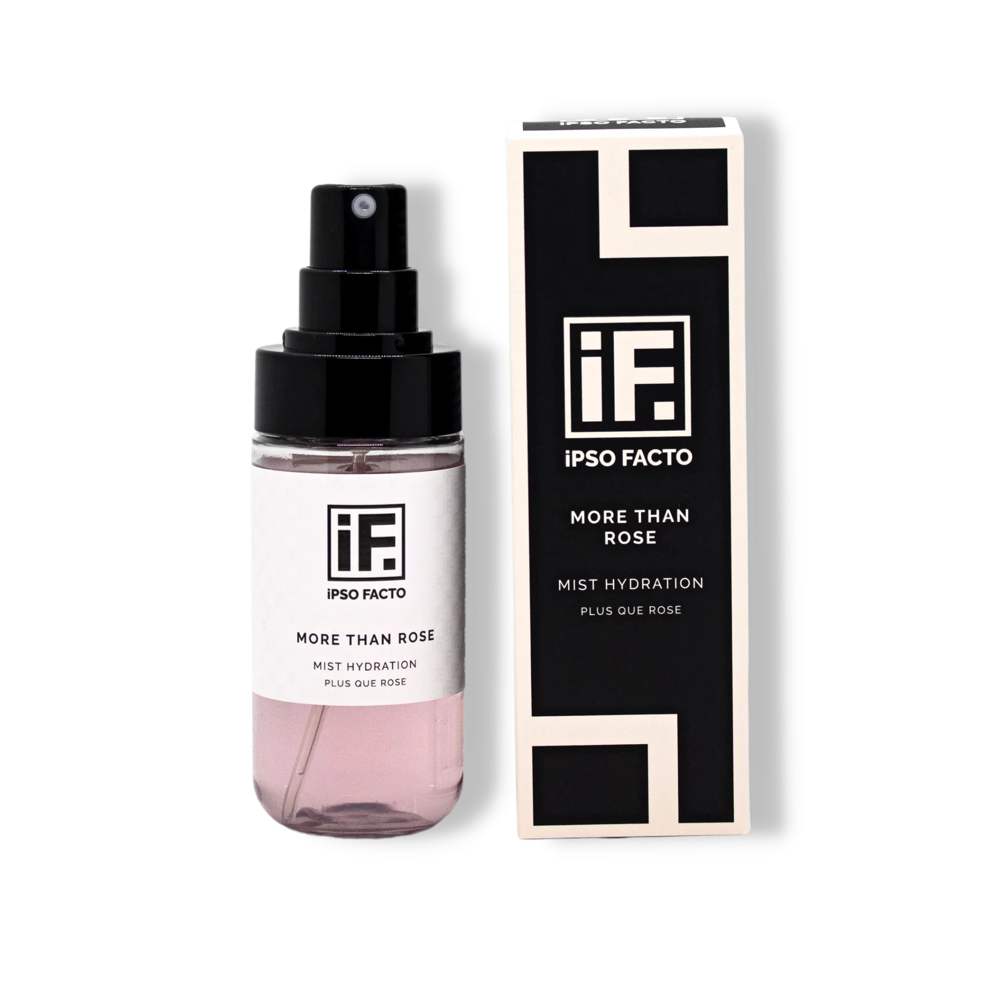 Facial mist spray bottle and box labeled 'More Than Rose Mist Hydration' with minimalist design.